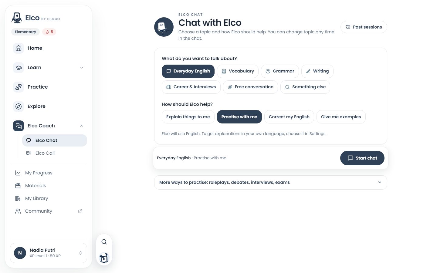 Elco Chat setup: choose a topic and how Elco should help