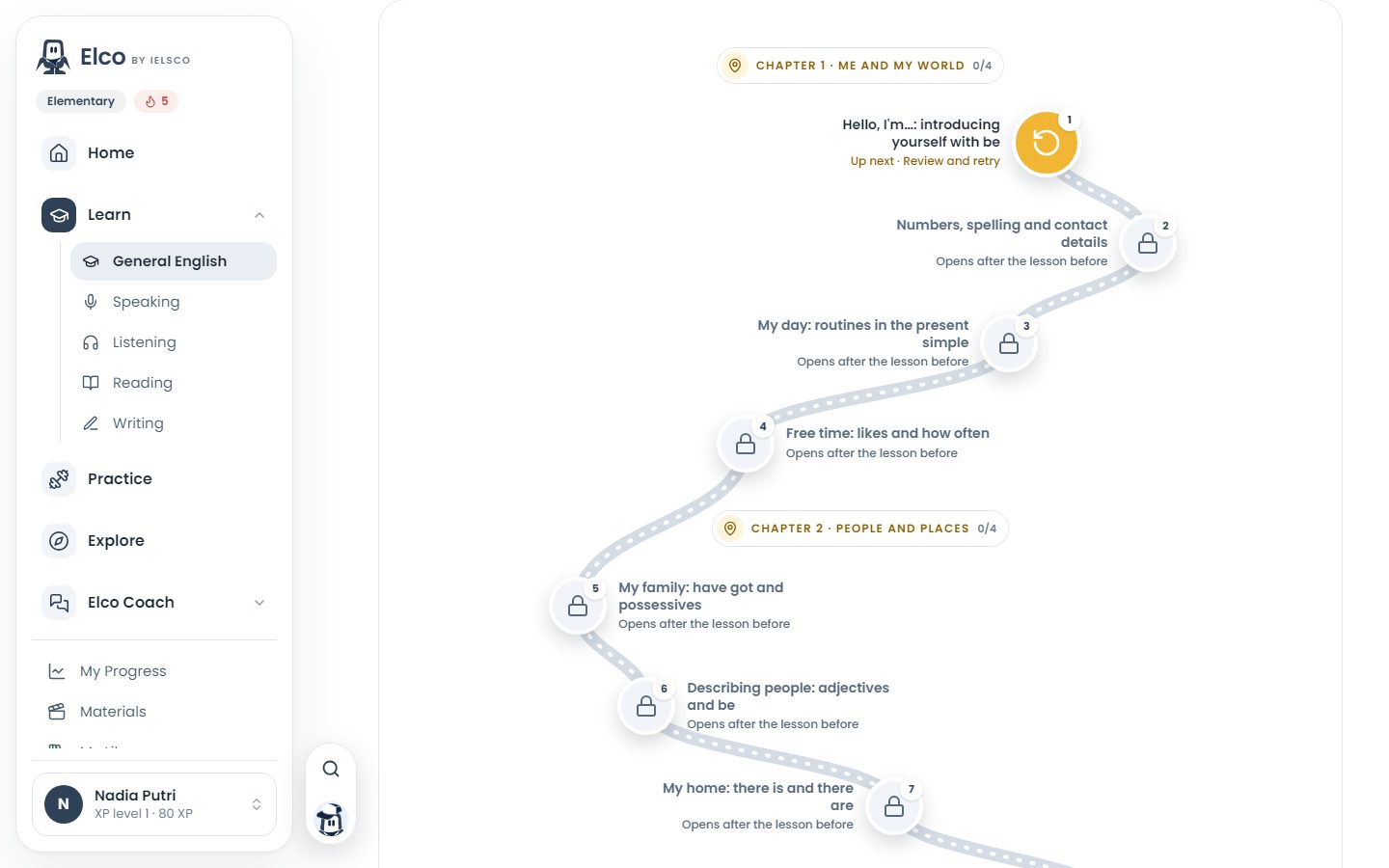 A learning map with chapters and lessons, on desktop